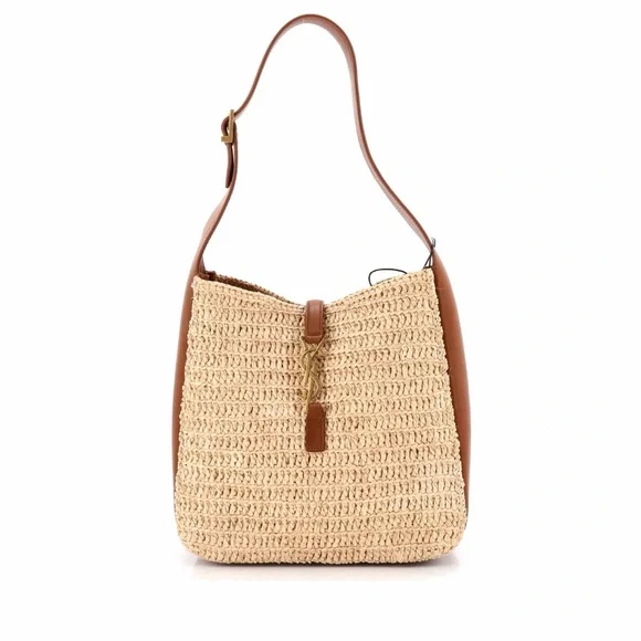 YSL Saint Laurent Le 5 a 7 Supple Small Hobo Raffia and Leather Shoulder Handbag - Picture 2 of 12